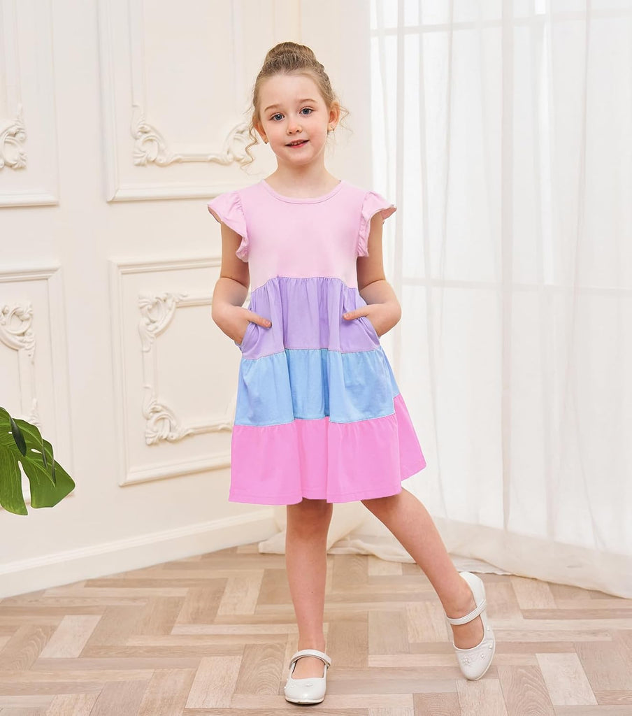 Girl's Dresses Cotton Ruffle Sleeve Tiered Swing A-Line Cute Midi Casual Sundress