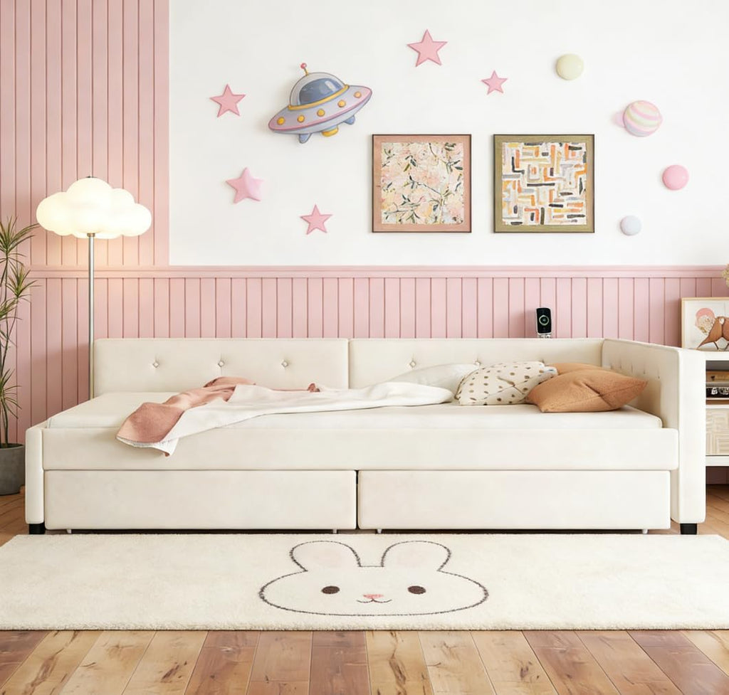Queen Corner bedframe with Twin Twin Trundle and USB,Upholstered daybed, L-Shape daybed Living Room, Beige + Linen