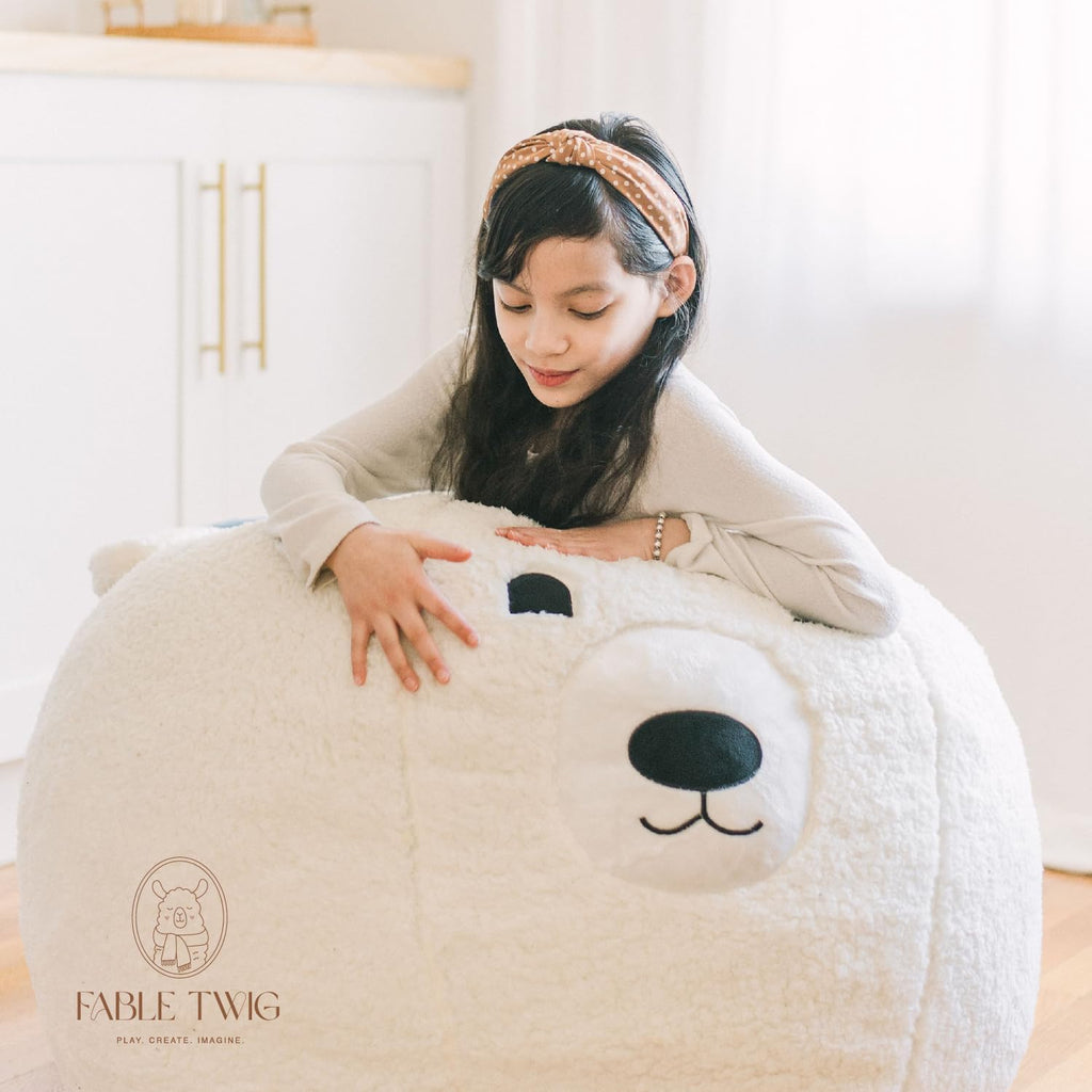 Kids Bean Bag Chair - Soft Sherpa and Memory Foam Stuffed Animal Beanbag Seat for Boys and Girls - Cozy Polar Bear