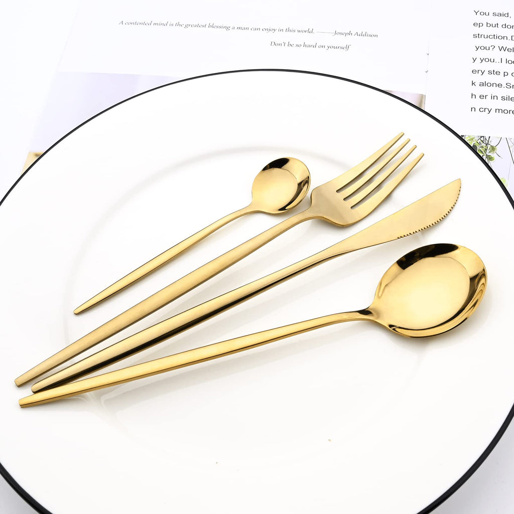 24Pcs Gold Mirror Silverware Flatware Set, 18/0 Stainless Steel Cutlery Set Utensils Kitchen Dinnerware Include Knife