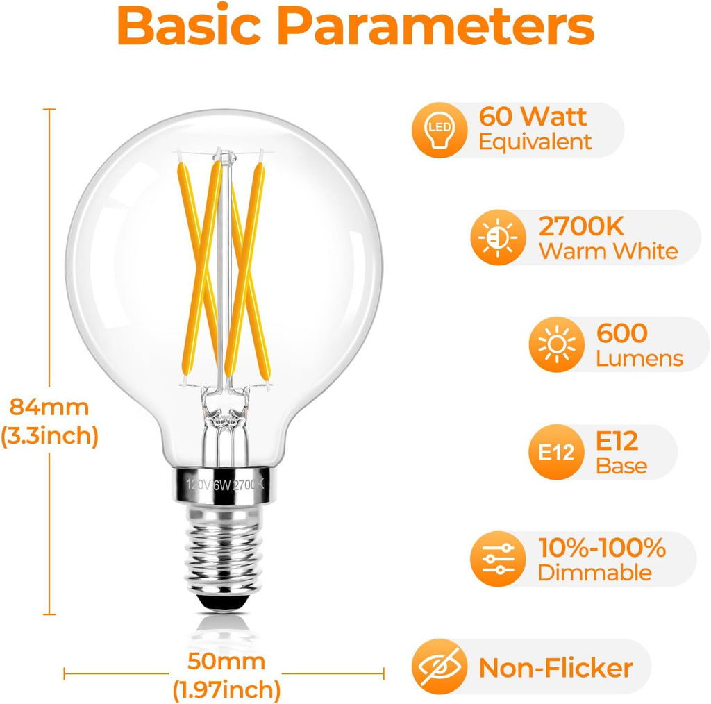 E12 LED Bulb Dimmable, G16.5 Globe Edison Bulbs for Small Base