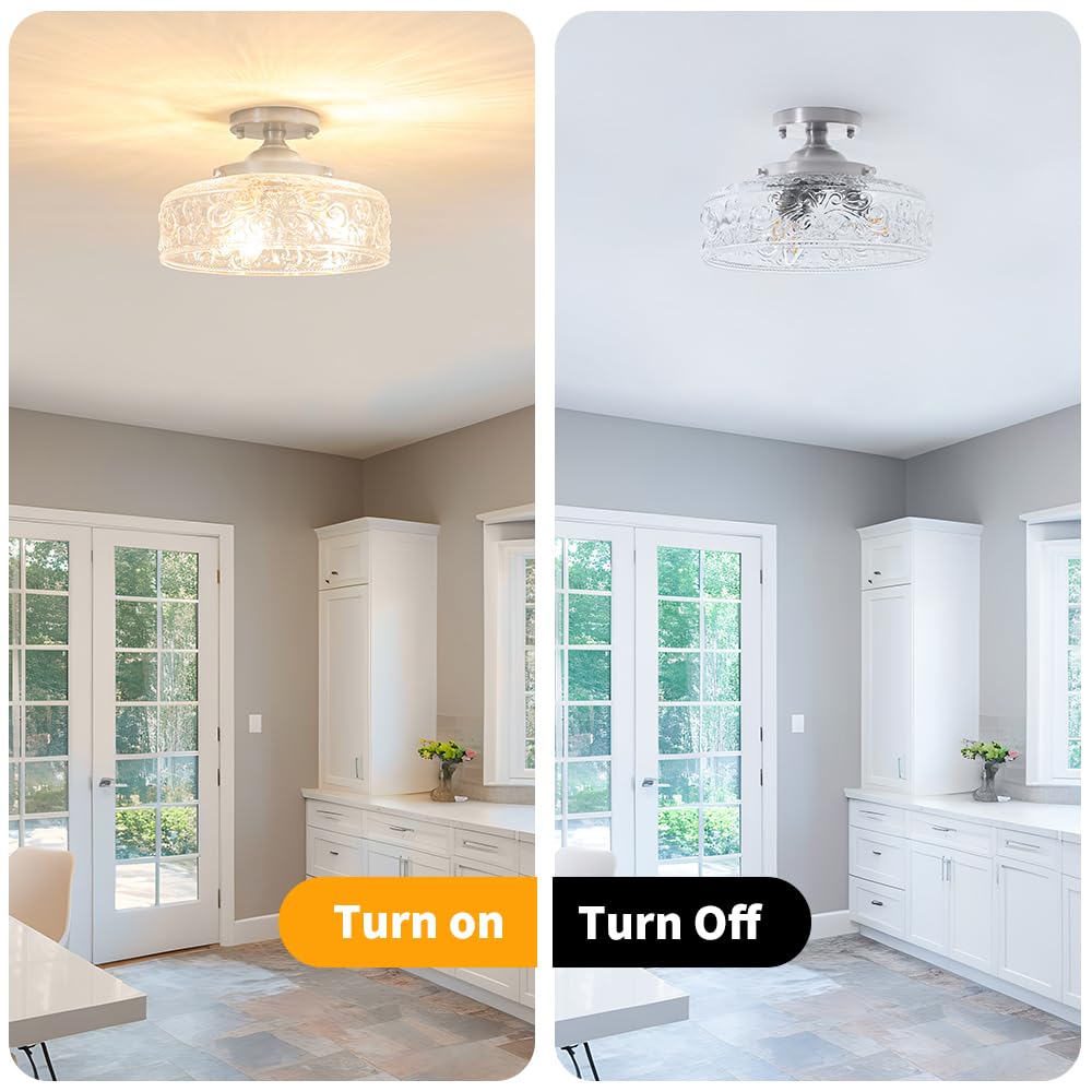 Brushed Nickel Semi Flush Mount Ceiling Light, 3-Light Close to Ceiling Light, Flush Mount Ceiling Lighting with