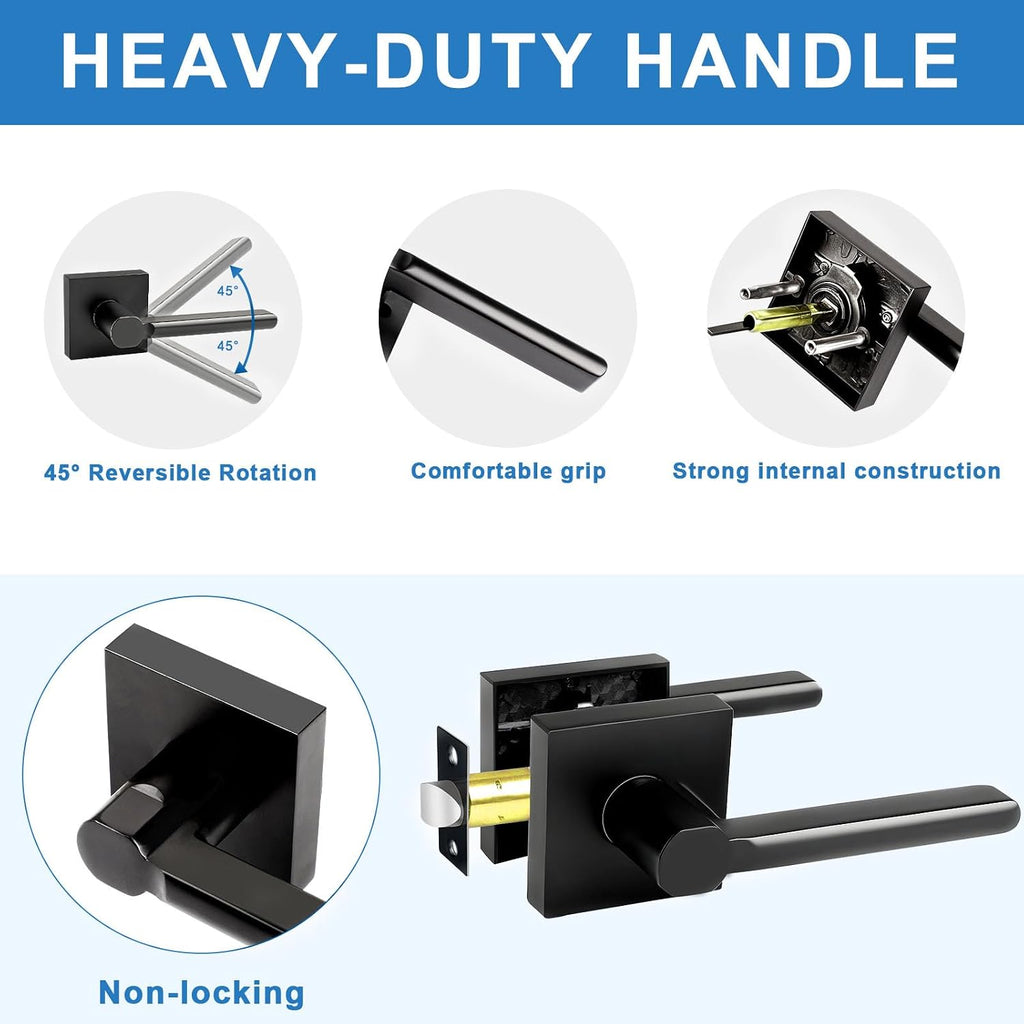 Passage Door Levers, 8 Pack Black Heavy-Duty Interior Door Handles, Square Non-Locking Door Locksets for Closets