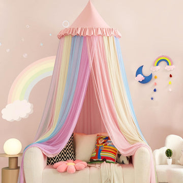 Rainbow Bed Canopy for Girls Dreamy Mosquito Net for Bed Round Dome Princess Bed Canopy Girl Room Play Tent Canopy