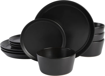 Sofia Coupe 12-Piece Stoneware Dinnerware Set, Service for 4 - Black Plates and Bowls