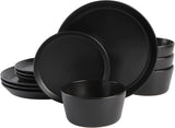 Sofia Coupe 12-Piece Stoneware Dinnerware Set, Service for 4 - Black Plates and Bowls
