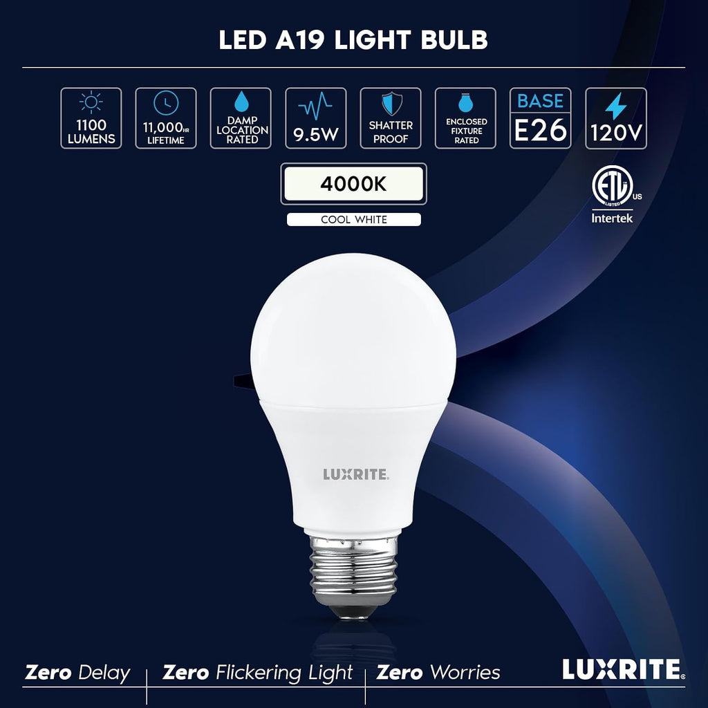 A19 LED Light Bulb 75 Watt Equivalent, 4000K Cool White, 1100LM, Non-Dimmable, Standard LED Light Bulbs, 9.5W, E26