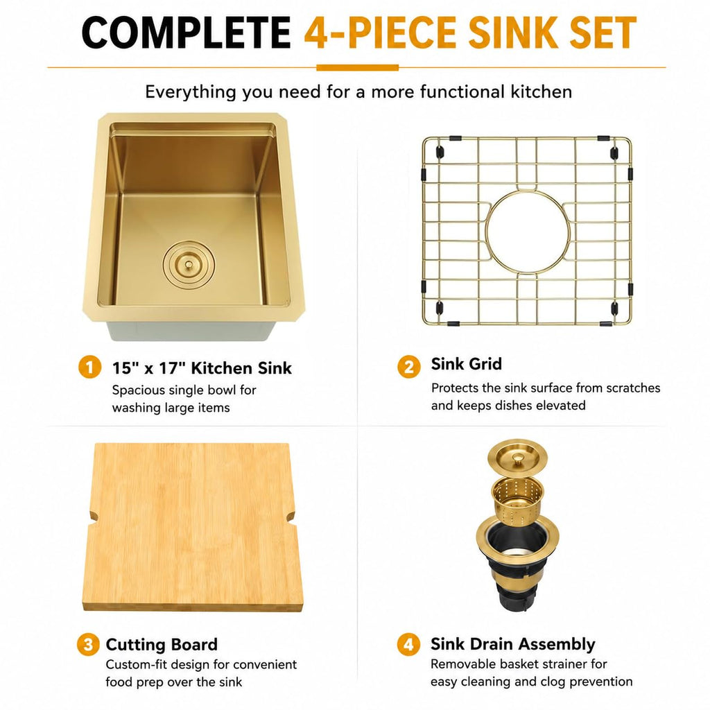 Gold Bar Sink, 15" x 17" Stainless Steel Undermount Sink
