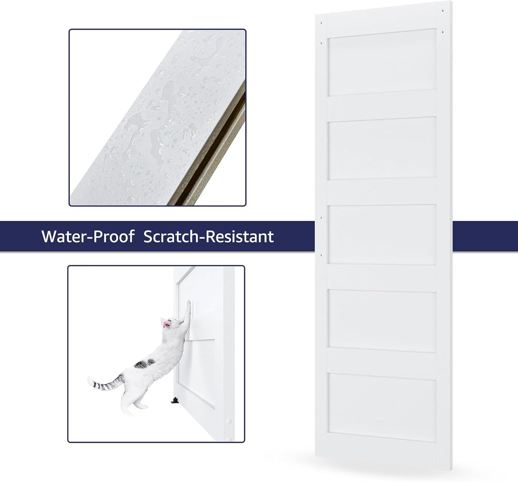 36in x 84in White Sliding Barn Door with 6.6ft Brushed Nickel Hardware Kit & Handle - 5-Panel, Water-Proof PVC