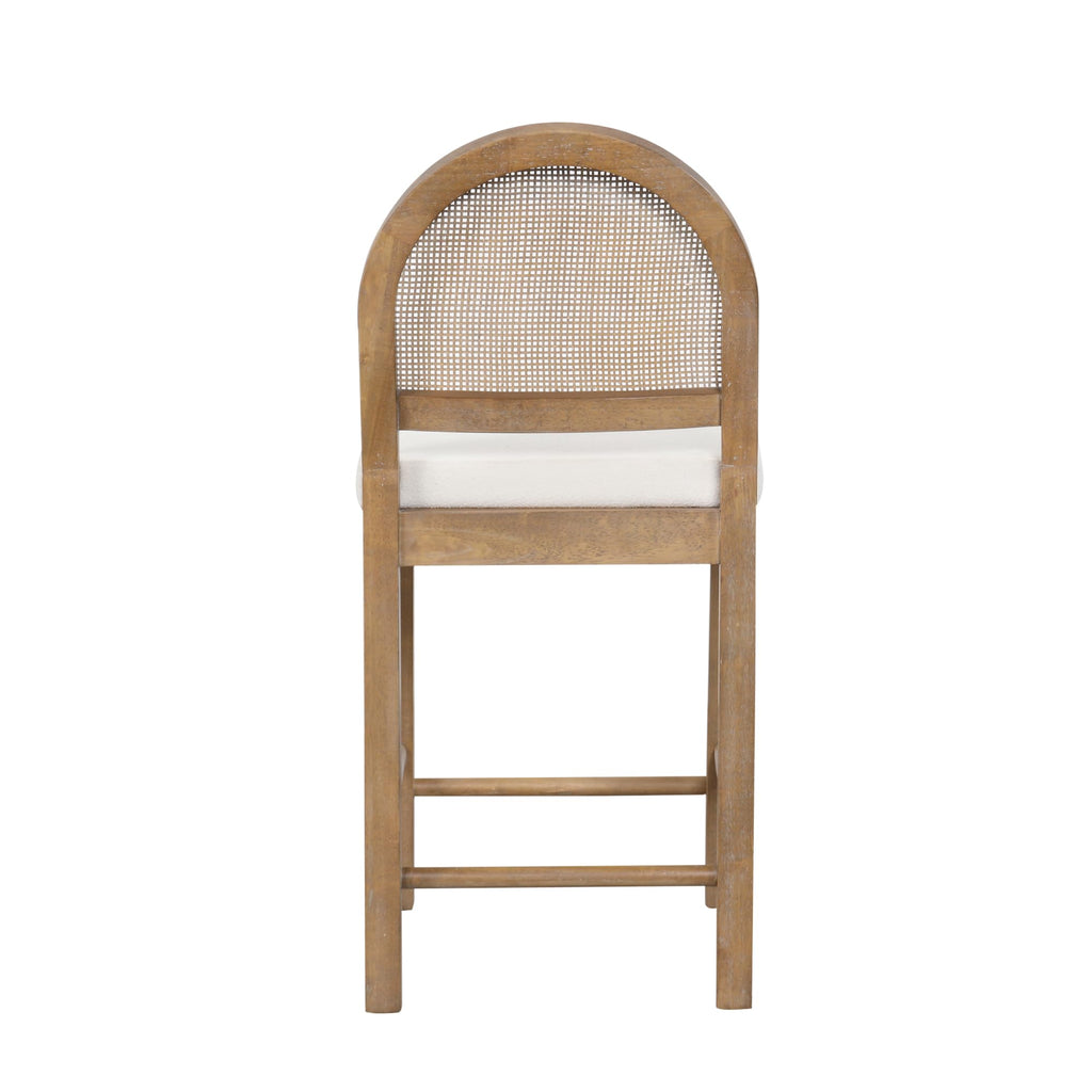 Bailey 29 in. Boucle Bar Stool with Back, Bar Height Chair with Natural Woven Rattan Back and Solid Wood Legs, Light