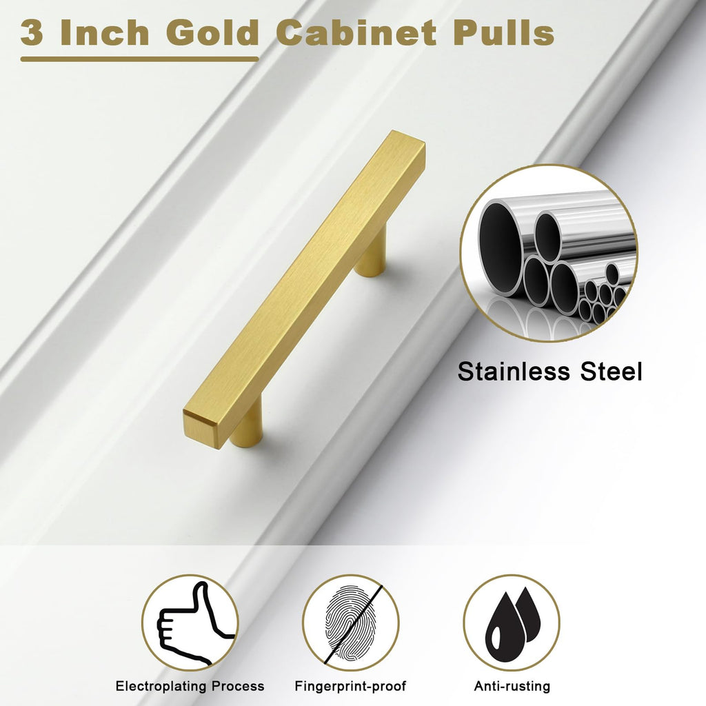 30 Pack Brushed Brass Cabinet Handles 3 Inch Gold Cabinet Pulls Modern Square Drawer Pulls Brass Gold Dresser Pulls