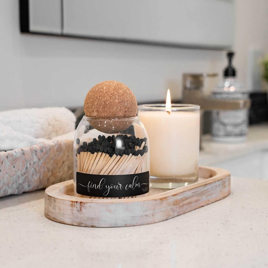 Find Your Calm Cute Glass Match jar Cloche | Approx 135 Decorative Wooden Black tip Matches for Candles & décor - Set of 135