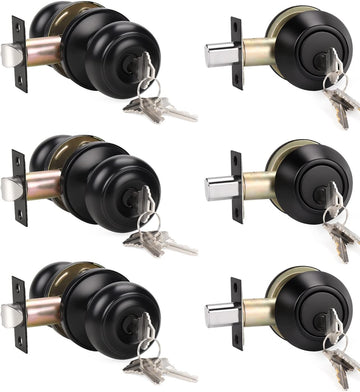 3 Pack Keyed Alike Entry Door Knobs and Single Cylinder Deadbolt Lock Combo Set Security and Front Door