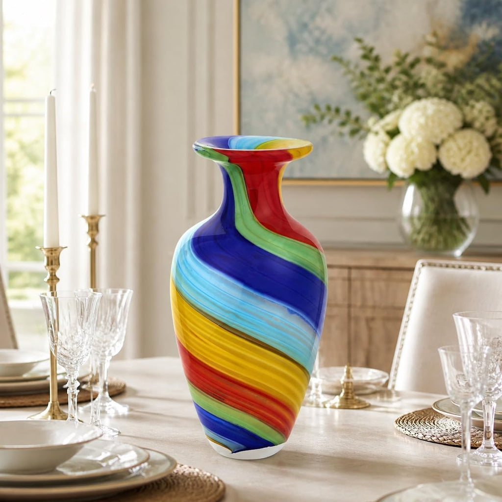 Rainbow Murano-Style Art Glass Vase - 10" Tall Mouth-Blown Glass Vase - Contemporary Home Decor Accent Piece