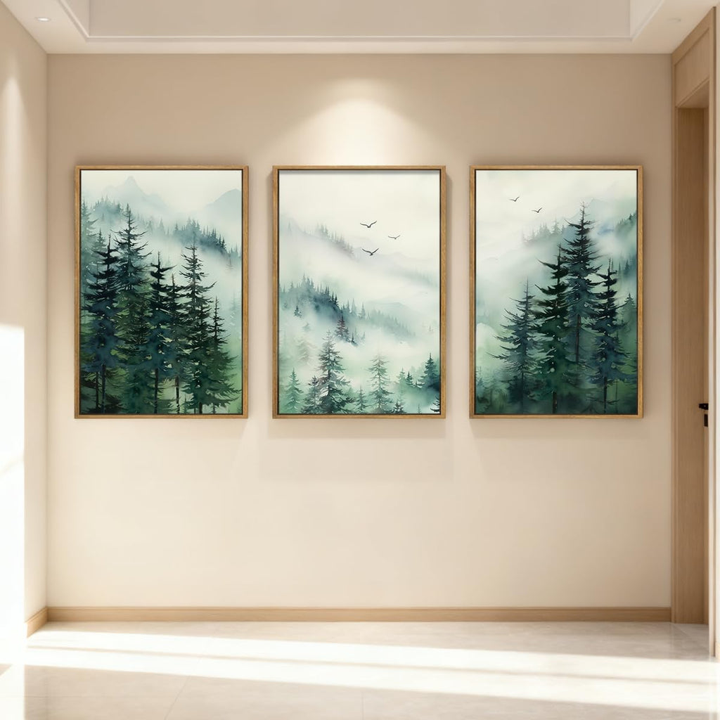 Large Foggy Forest Wall Art Decor Framed Abstract Misty Mountain Artwork Prints Bedroom Office 16x24 Inch Set of 3