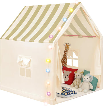 Kids Play Tent with String Lights Indoor, for 1-3 Kids, Beige Stripes
