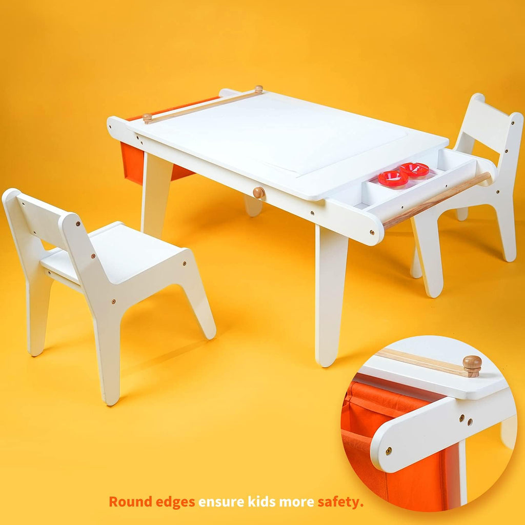 Kids Table and Chair Set, Kids Art Table with 2 Stools, Storage Bag & Paper Roll, Kids Desk & Chair Set, Craft Table