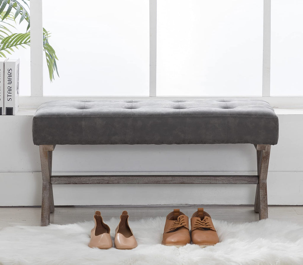 36" PU Leather Farmhouse Entryway Bench End of Bed Bench, Gray