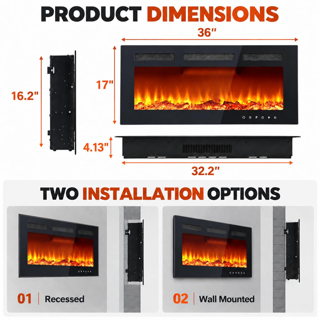 36 Inch Electric Fireplace, Modern Wall Mounted Fireplace Heater