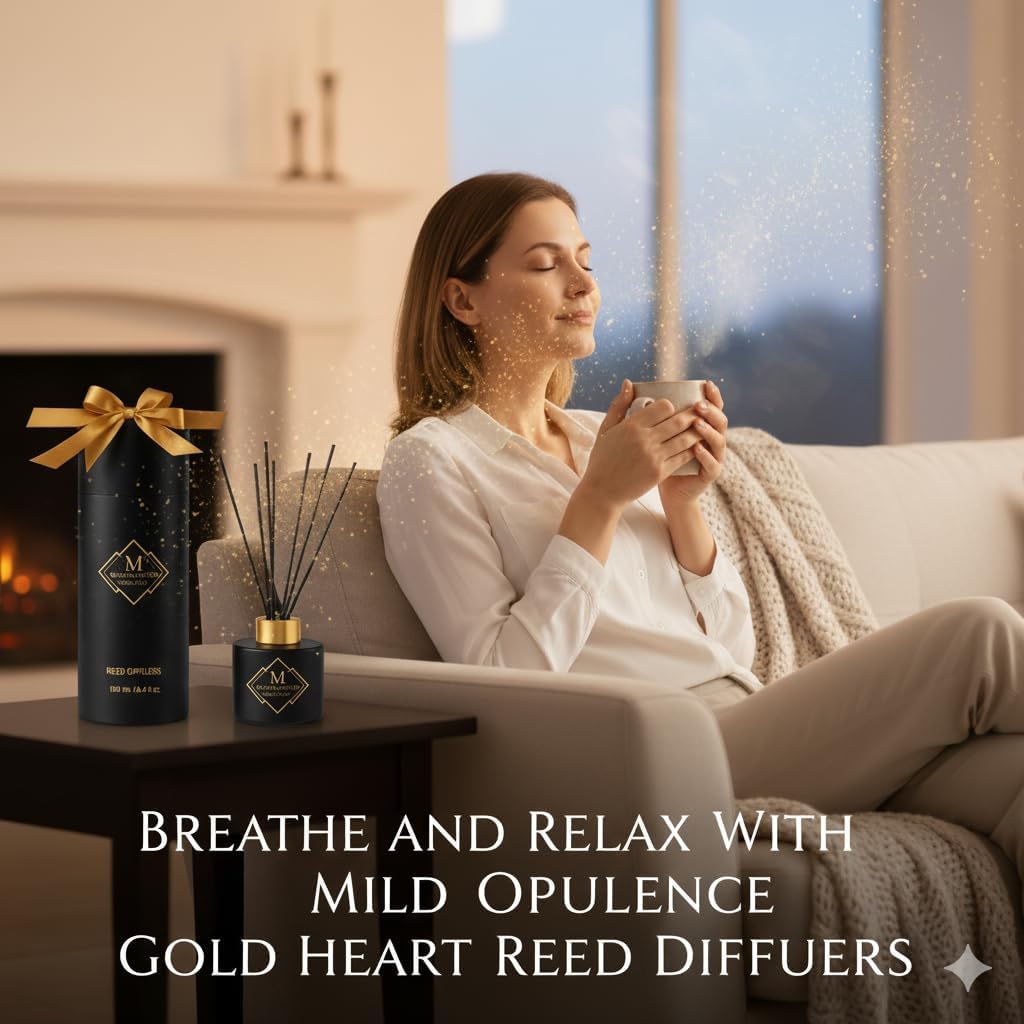 Gold Heart Reed Diffuser - Set of 8 Premium Eco-Friendly Bamboo Sticks, Scented Oils that neutralize Odors, Leaving