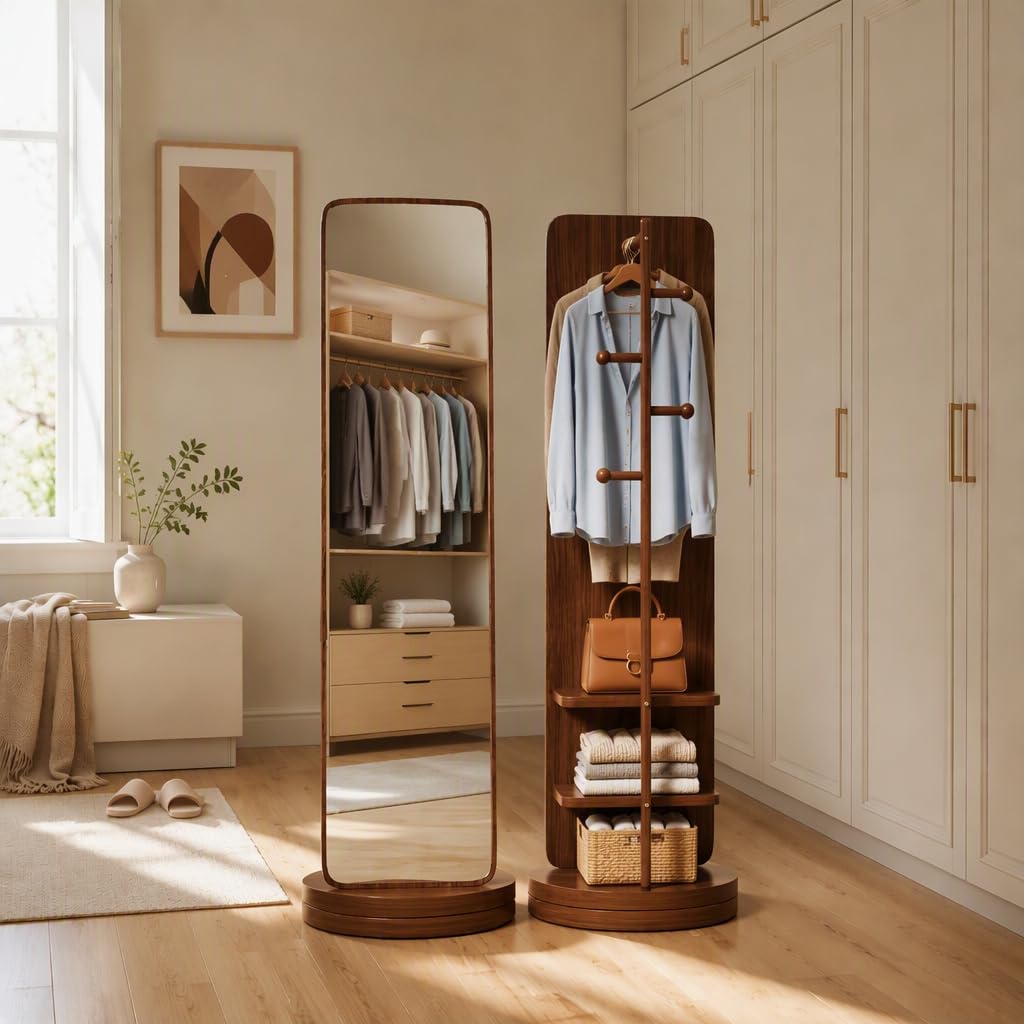 360 Rotating Floor Mirror with Rack, Walnut 2-Pieces