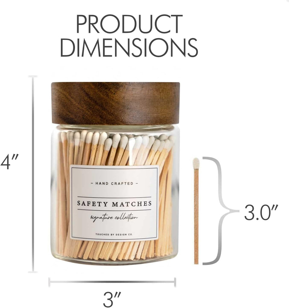 Touched By Design Co Signature Decorative Match Holder w Approx 150 White 3" Matches in a Jar | Glass Match Bottle