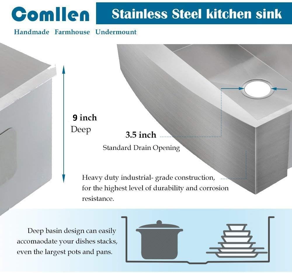 33 Inch Farmhouse Sink, Stainless Steel Single Bowl Farm Sinks 16 Gauge 9 Inch Deep, Handmade Undermount 33 Farm
