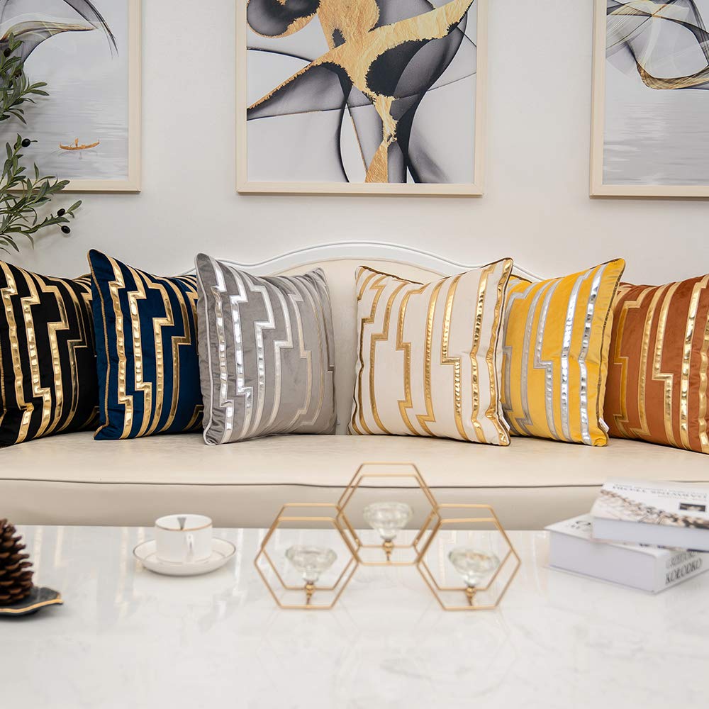 Gold Leather Striped White Throw Pillow Cover 20x20 Inch, Geometric Luxury Decorative Embroidered Velvet Pillow Cover
