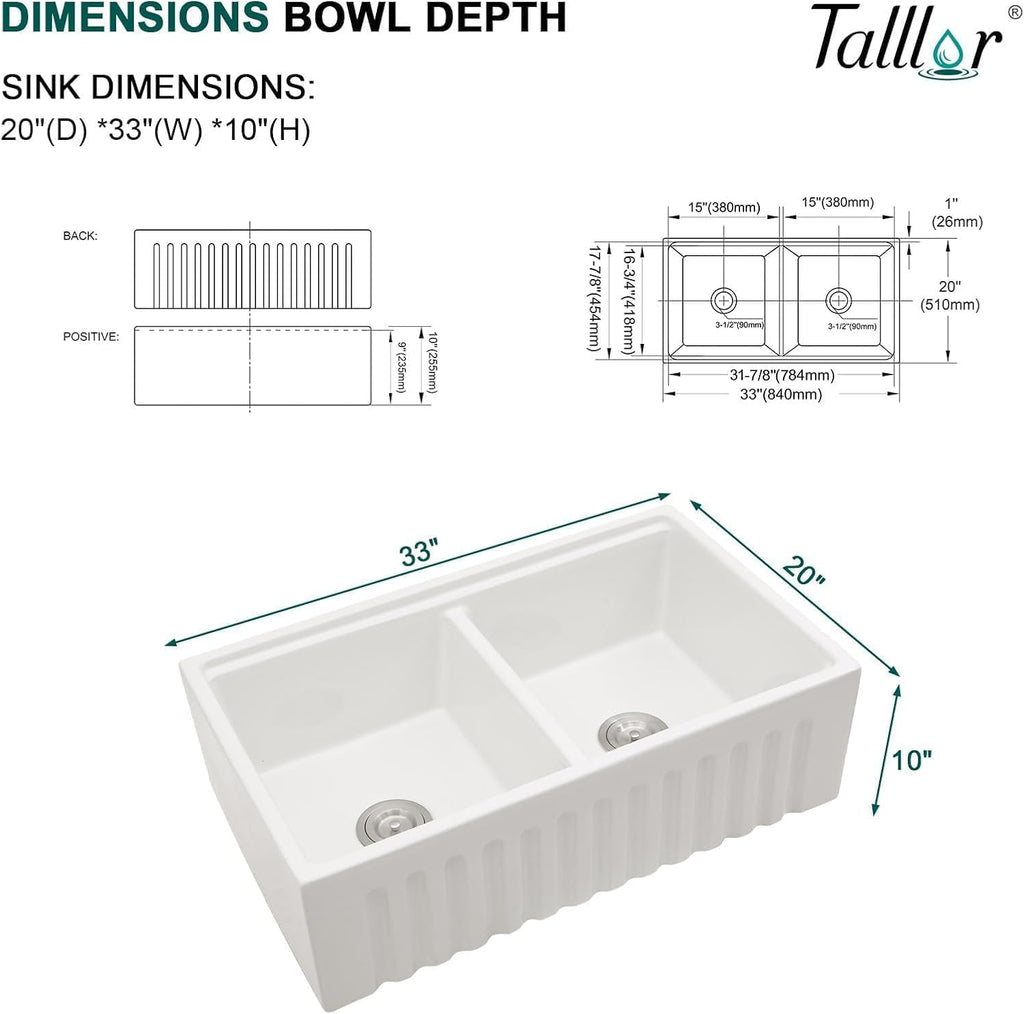 33x20 White Farm Sink Workstation, Double Bowl Reversible Fireclay Apron Front Farmhouse Sink Ceramic Porcelain