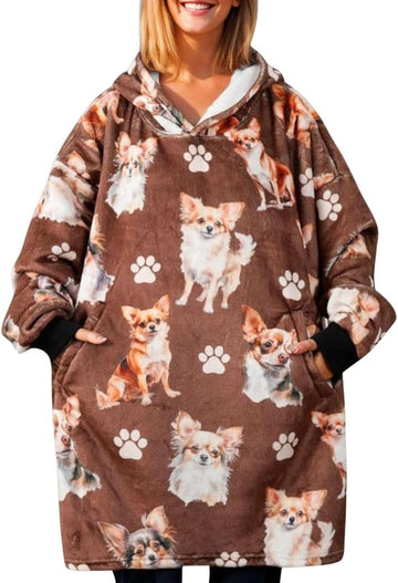 Chihuahua Gifts for Women & Men, Chihuahua Themed Wearable Flannel Blanket Hoodie, Oversized Hooded Sweatshirt, One