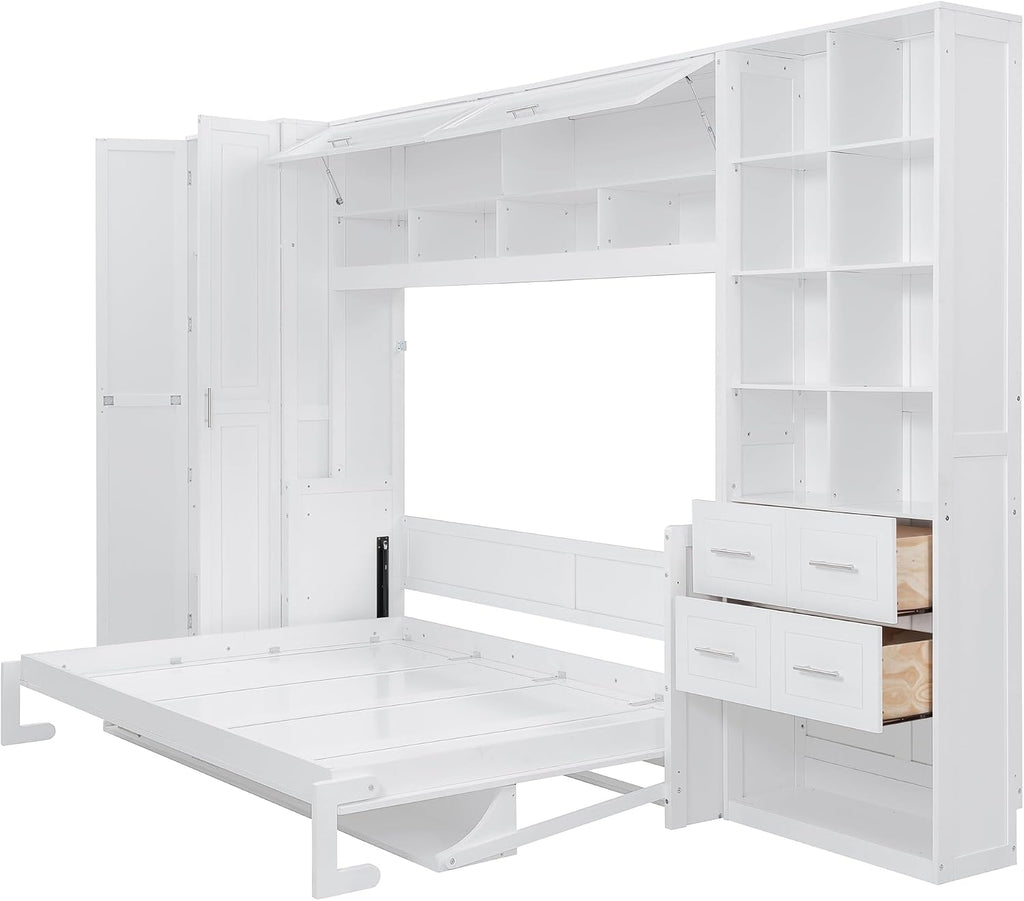 Queen Horizontal Murphy Bed with Desk, Folding Murphy Bed Cabinet with Wardrobe Storage Drawers and Shelves, Hideaway