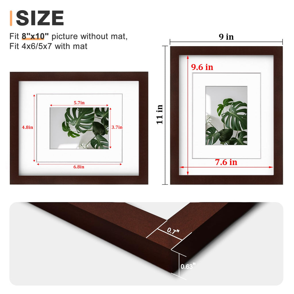 8x10 Picture Frames Made of Solid Wood with Plexiglass, Display Pictures 4x6/5x7 with Mat or 8x10 Without Mat Set of