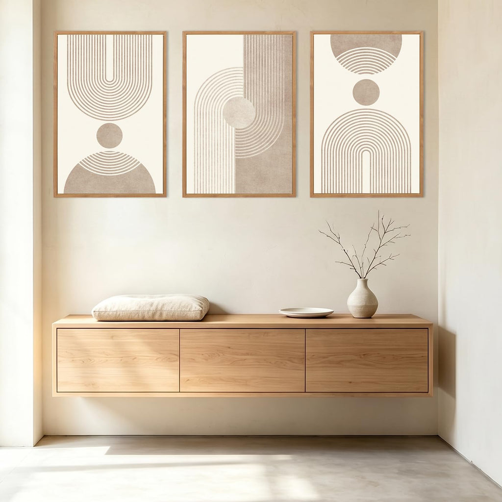 Beige Neutral Canvas Wall Art Boho Pictures Wall Decor Framed Geometric Abstract Artwork Modern Paintings Bedroom