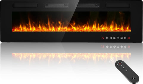 60" Ultra Thin Electric Fireplace Insert-ETL Certified, Recessed/Wall Mount, 3D Flame with Crystal