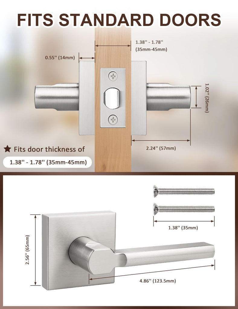 3 Pack Square Brushed Nickel Door Handles Interior, Non-Locking Interior Passage Door Lock Hallway/Closet Door Lever