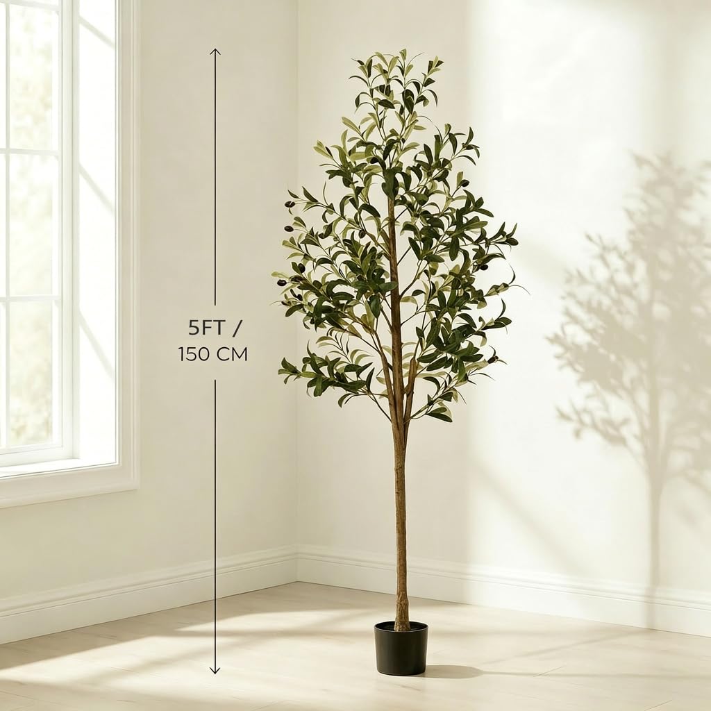 Artificial Olive Tree, 5FT Faux Olive Trees with Lifelike Olive Branches and Fruits, Fake Floor Plants with Pot for