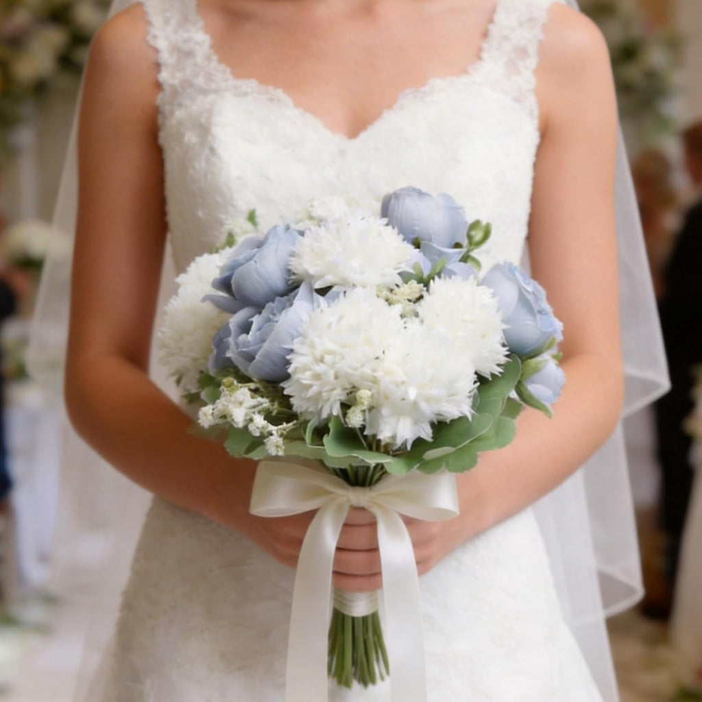Bundles Peonies Artificial Flowers Bulk, Dusty Blue & White - Set of 32