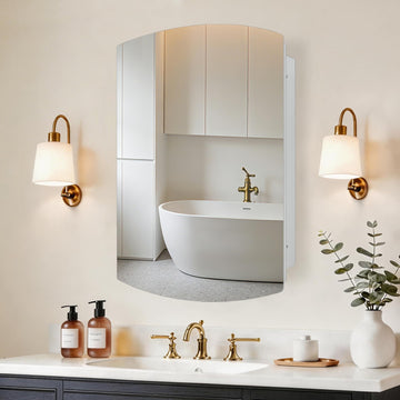 16x26 Inch Medicine Cabinet with Mirror, Arched Metal Frameless Wall Cabinet with Mirror, Surface Mount or Recessed