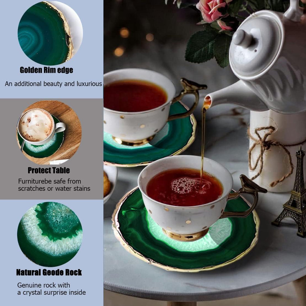 Green Agate,Natural Geode Coasters with Agate Slices and Gold Rim - 4 x 3.5" - Gemstone Coasters for Drink - Set of 4