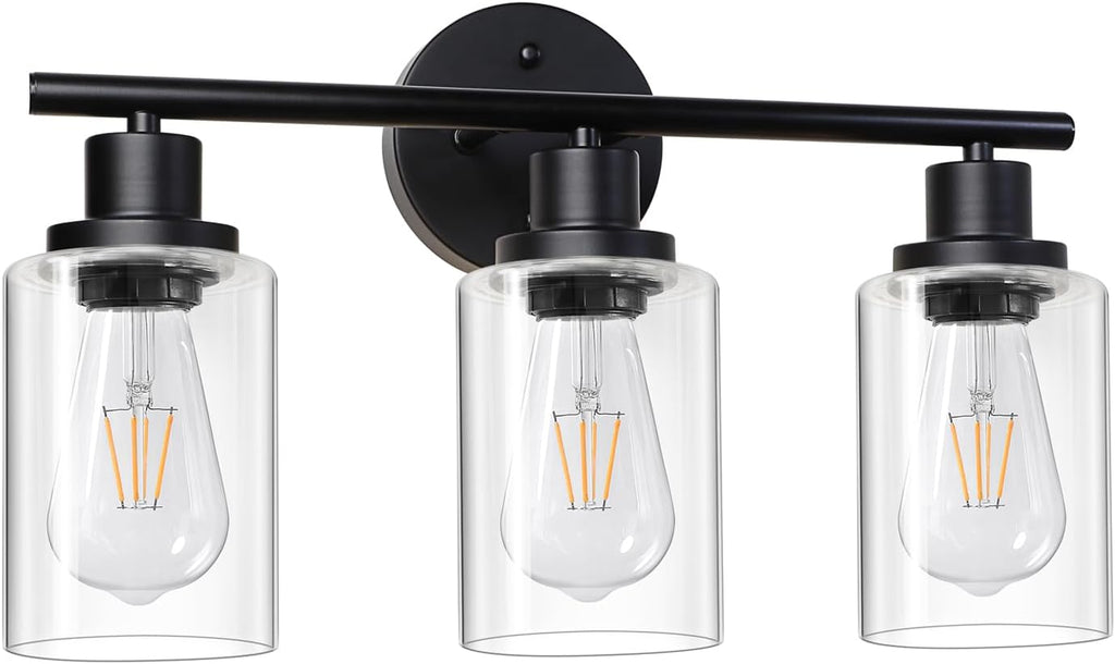 Modern Bathroom Light Fixtures, 3 Light Vanity Lights, Black Wall Lamp with Clear Glass , Mirror, Living Room