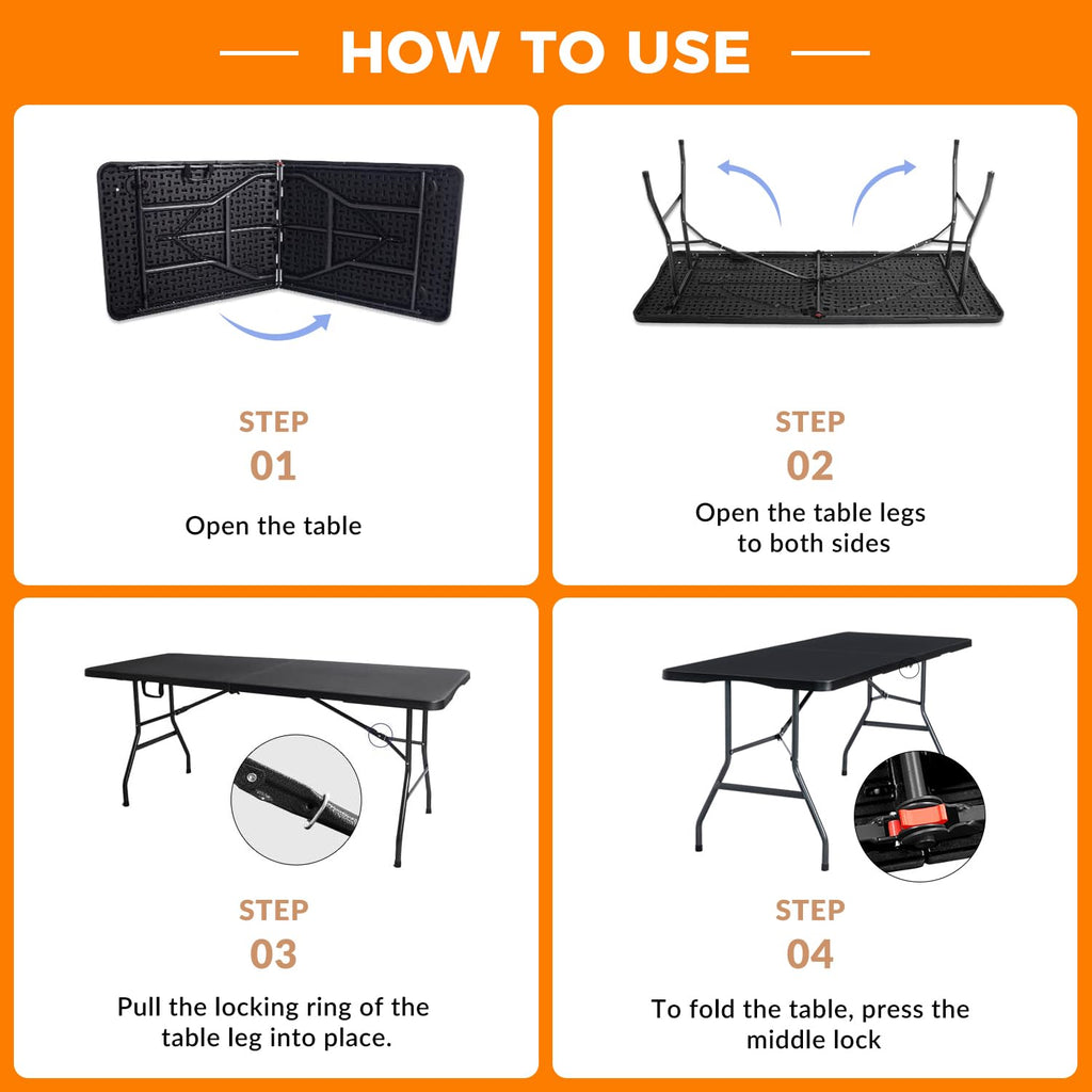 6FT Folding Table, Fold in Half Heavy Duty Plastic Utility Table with Carrying Handle, Black | HDPE Top for Indoor