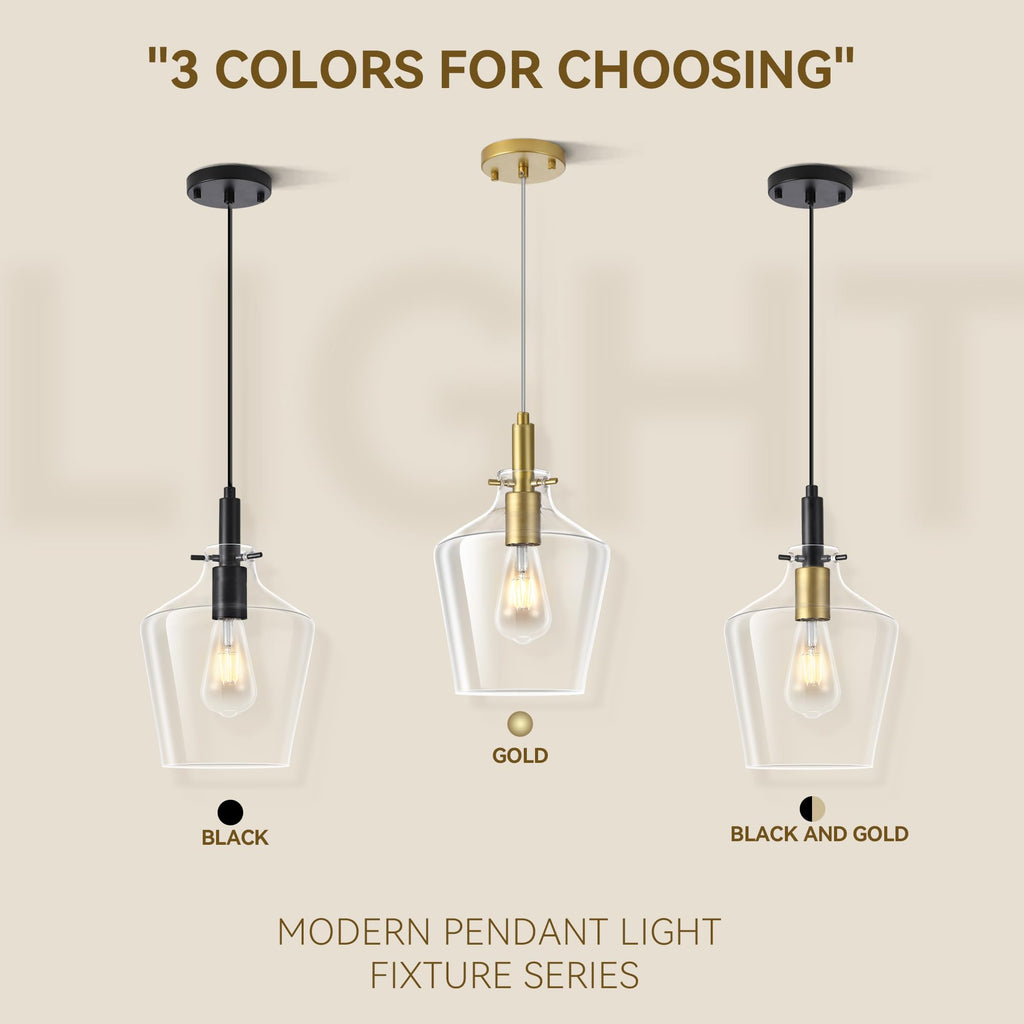 Modern Pendant Light Fixture Island, Farmhouse Black and Gold Brushed Brass Adjustable Hanging Light With Clear