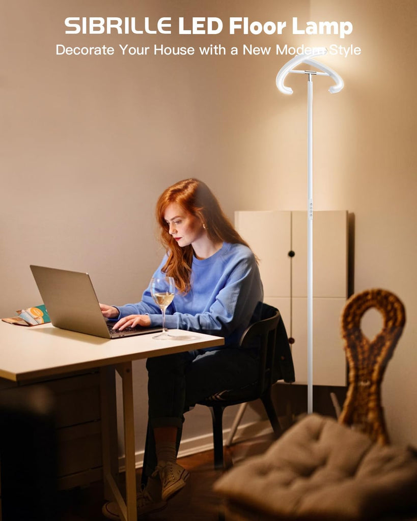 White Floor Lamp, Modern Stepless Dimmable Standing Lamp 3000-6000K, 20W LED Rotatable Reading Tall Lamp, Touch &