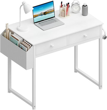 Small White Kids Desk with Drawers, 32 Inch Home Office Desks with Fabric Storage Drawer and Bag, Study Writing