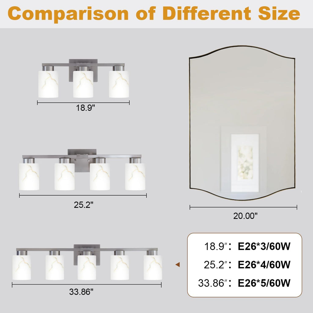 4-Light Bathroom Light Fixtures, Modern Vanity Lights, Brushed Nickel Metal Wall Lamp with White Marble Glass