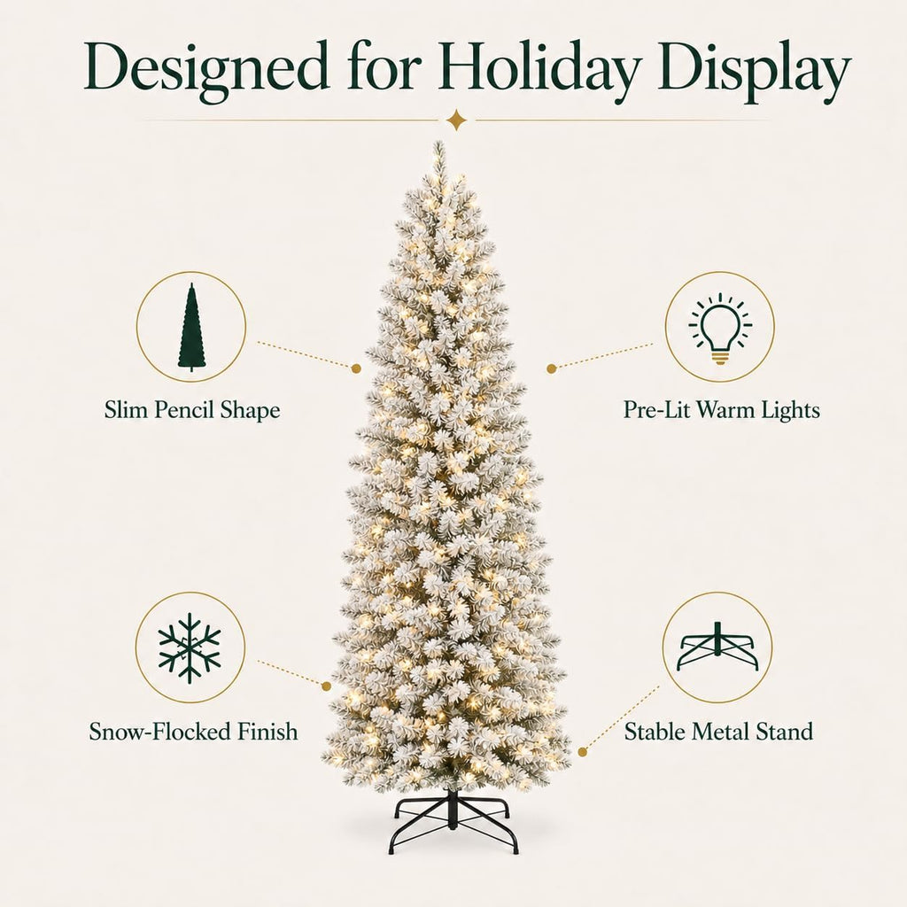 Prelit Slim Pencil Flocked Artificial Christmas Tree-WarmWhite