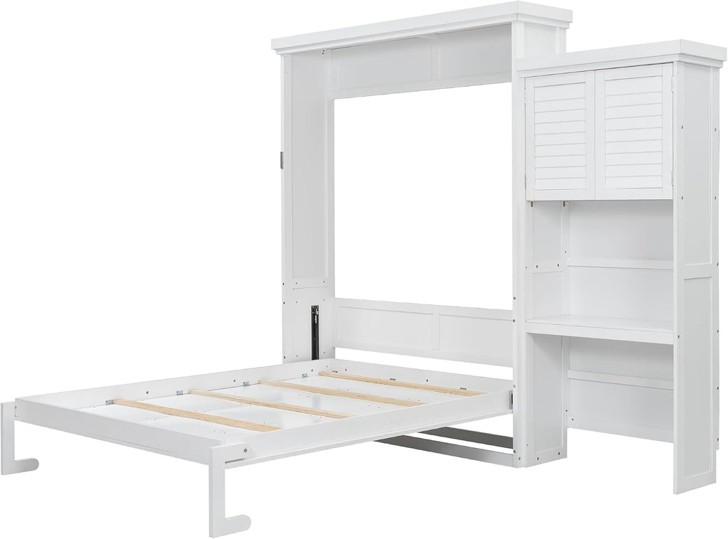 Queen Farmhouse Murphy Bed with Storage Cabinet and Shelves, Wooden Hidden Foldable Wall Bed Frame, Murphy Wall Bed