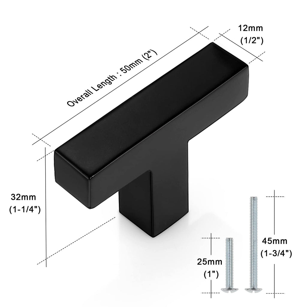 5 Pack) Flat Black Square Cabinet Knobs Stainless Steel 2 Inch(50mm) Overall Length Drawer Pulls Single Hole T Bar