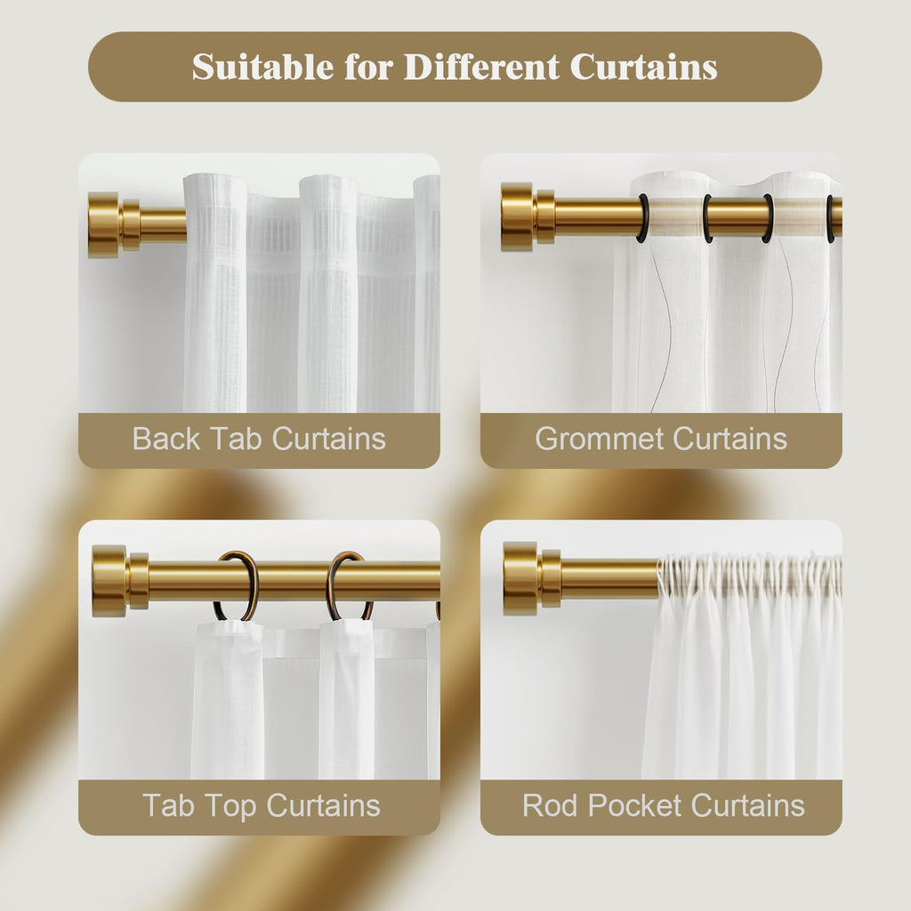 Heavy Duty Curtain Rods for Windows 72 to 144 Inch, 1 Inch Brass Gold Curtain Rod, Adjustable Length Rod with Metal