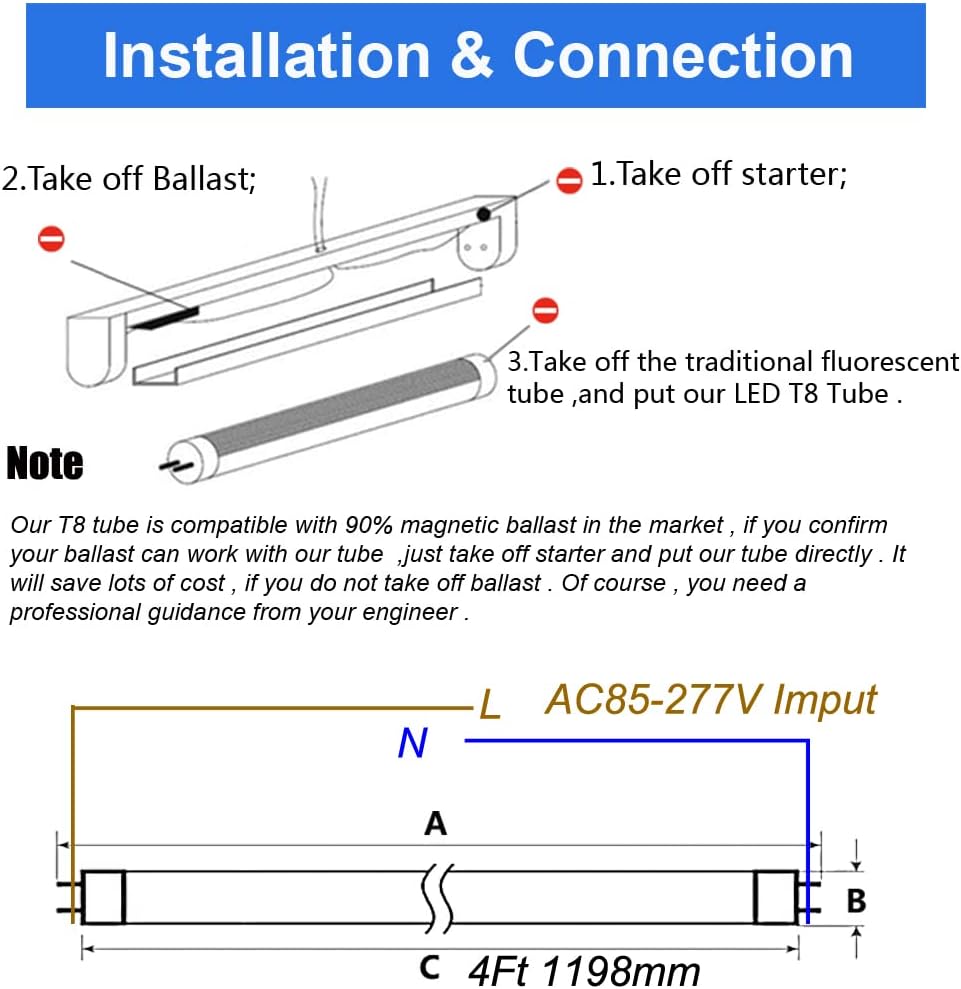 T8 LED Light Bulbs 4 Foot, 36W 6500K Cool White, Type B Tube Light, Double Ended Power, Fluorescent Replacement 4FT